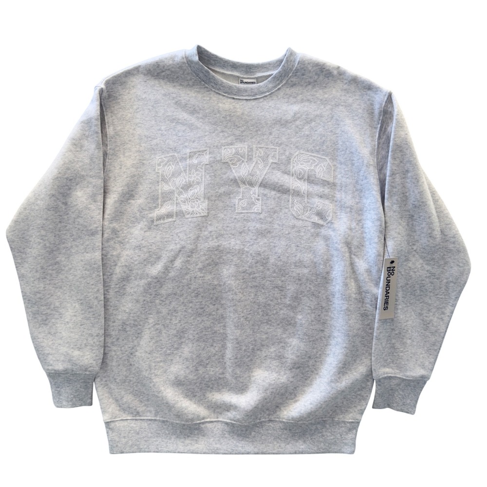 No‎ Boundaries Womens NYC Lace Graphic Sweatshirt Platinum Silver Heather XS New